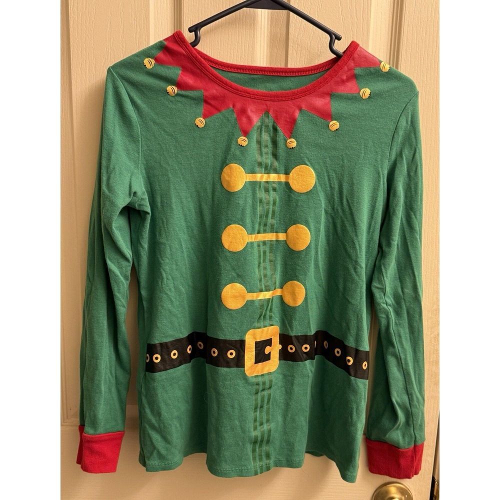 Elf Holiday Tee Long Sleeve Fitted Christmas Shirt Festive Green Pajama Top‎